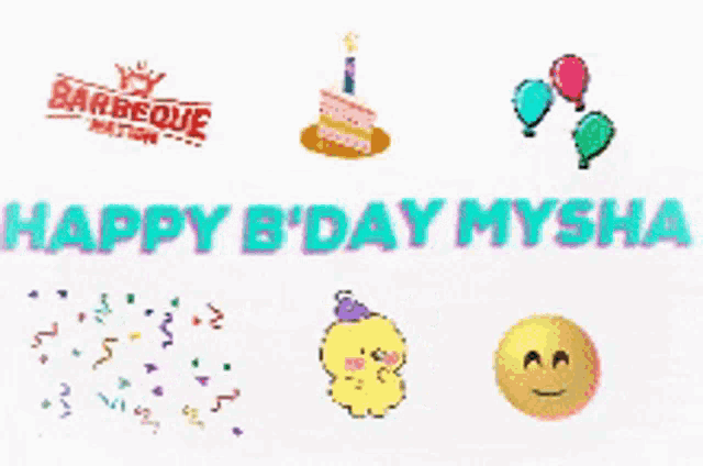 a birthday greeting card for mysha with balloons and a cake