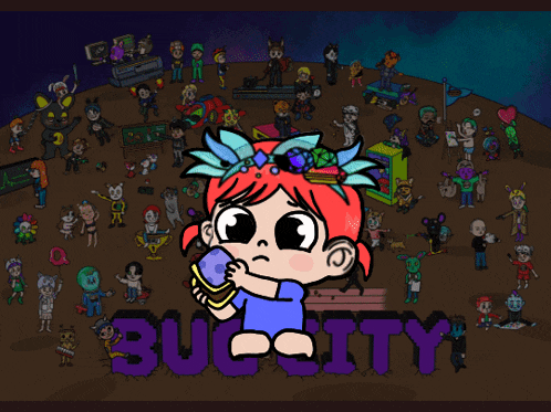 a cartoon drawing of a girl holding a cell phone with the word bugcity in purple