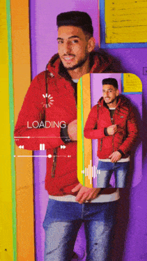 a man in a red jacket is standing in front of a purple wall and a loading screen