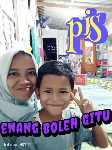 a woman and a boy are posing for a picture with the words senang boleh gito on the bottom