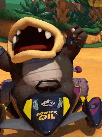 a cartoon character is driving a car that says bowser oil on the front
