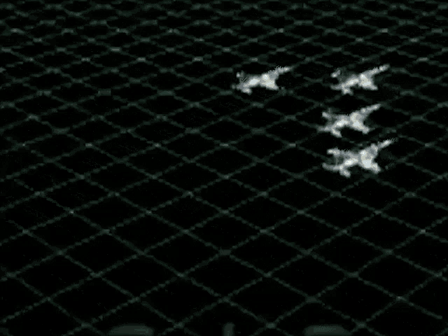 a computer generated image of a plane flying through a fence
