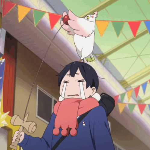 a girl is crying while holding a hammer and a bird is flying over her head