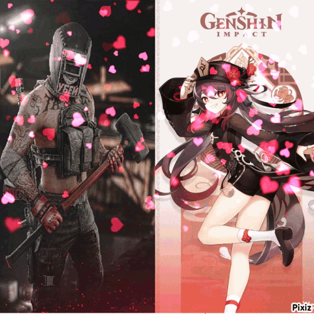 a picture of a man holding an axe next to a picture of a girl with the word genshin impact on the bottom