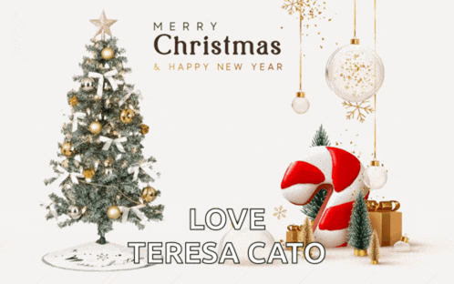 a merry christmas and happy new year greeting card with a candy cane and a christmas tree
