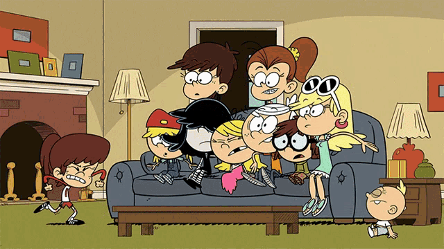 a group of loud house characters sitting on a couch in a living room