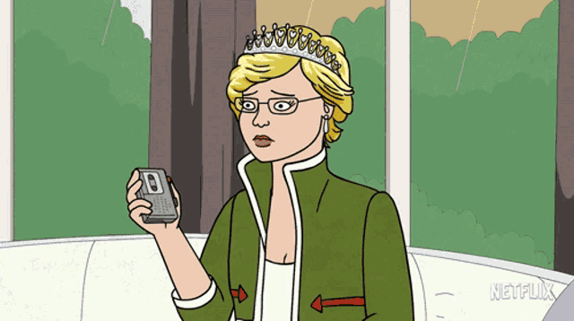 a cartoon of a woman with a tiara on her head holding a cell phone