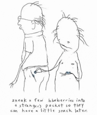 a black and white drawing of a man and a baby with blueberries in their pockets .