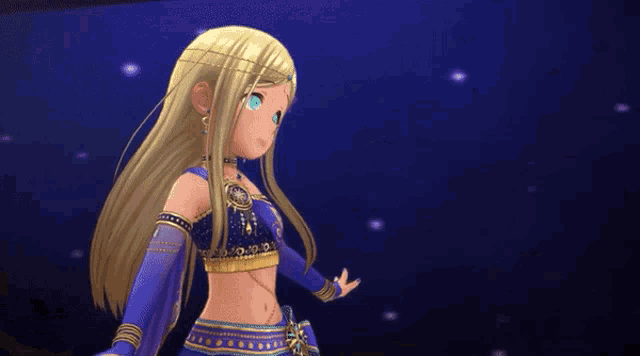 a cartoon character with blonde hair and blue eyes is wearing a blue and gold outfit