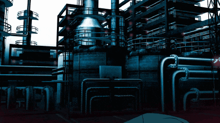 a cartoon character stands in front of a factory