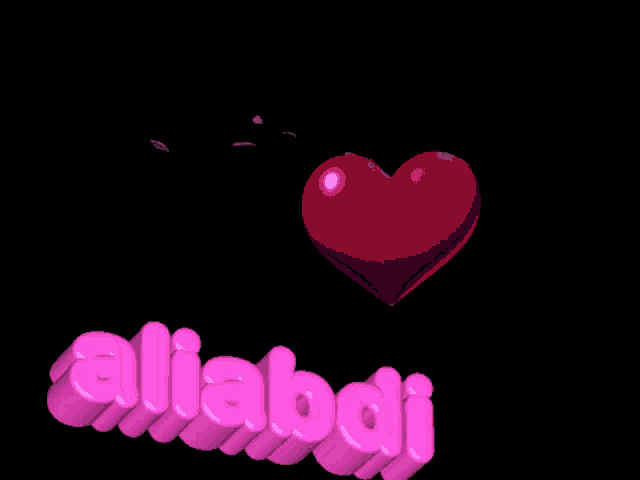 a 3d rendering of the name aliabadi with a red heart