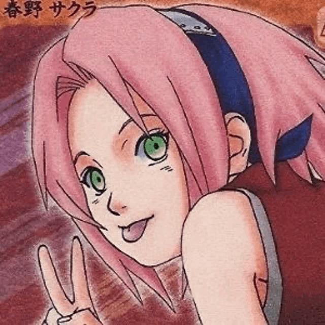 a drawing of a girl with pink hair and green eyes giving a peace sign .