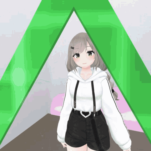 a girl in a white hoodie and black shorts stands in a room with a green triangle in the background