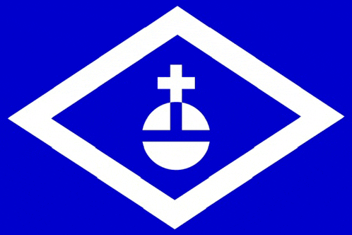 a blue diamond with a white circle and a cross in it