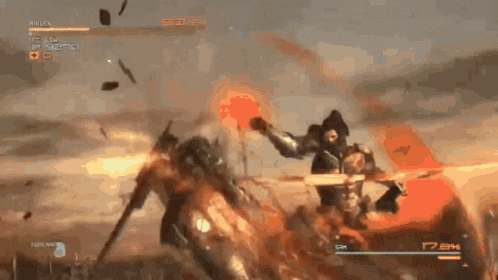 a video game screen shows a man fighting another man with a sword .