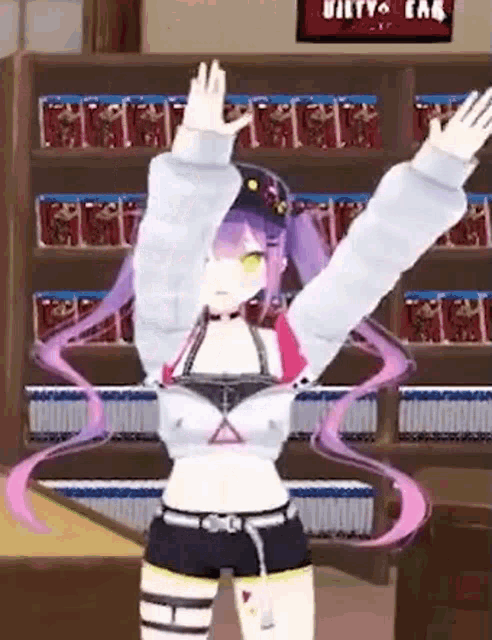 a 3d anime girl is dancing in front of a bookshelf .