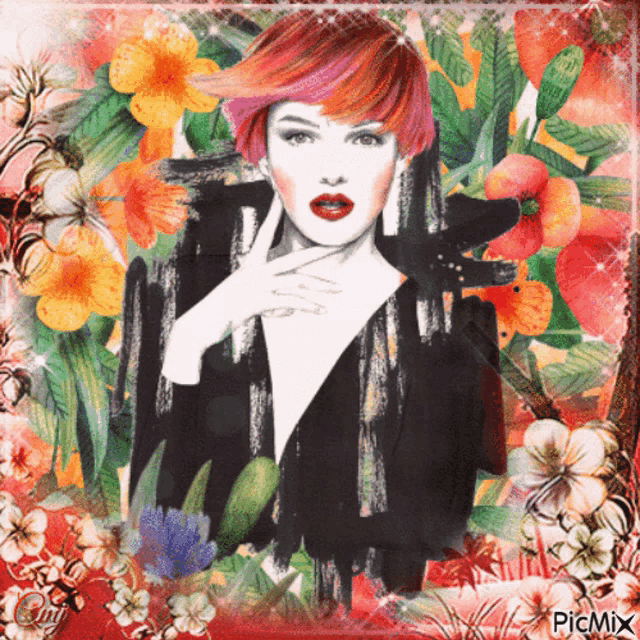 a painting of a woman with red hair is surrounded by flowers