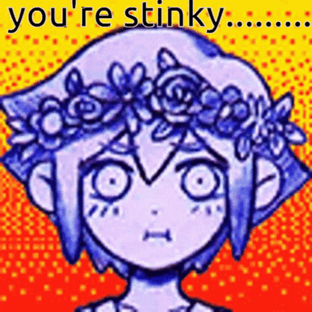 a girl with a flower crown on her head says you 're stinky .