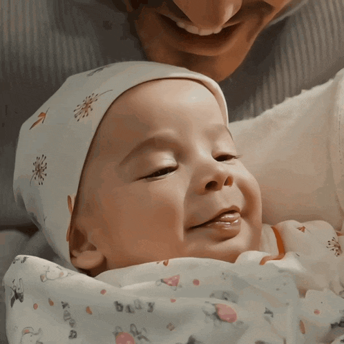 a baby wearing a white hat is smiling while being held by its mother