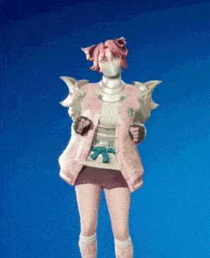 a girl wearing a mask and a pink jacket is standing on a blue background