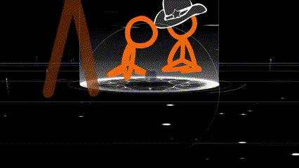 a stick figure wearing a cowboy hat looks at something