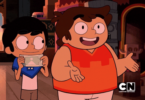 two cartoon characters standing next to each other with cn written on the bottom right