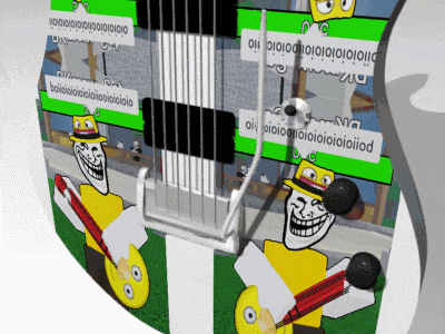 a computer generated image of a troll holding a pencil and a microphone