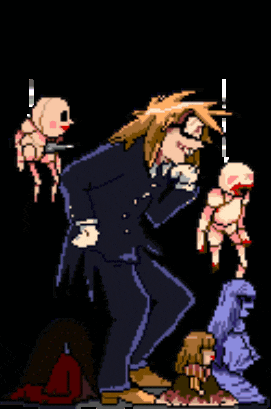 a pixel art of a man in a suit standing next to a group of dolls