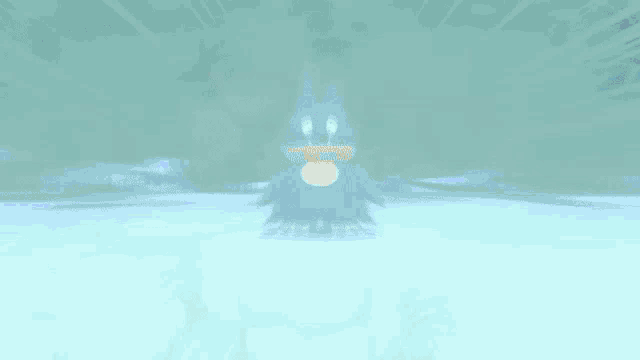 a cartoon character is standing on a snowy surface