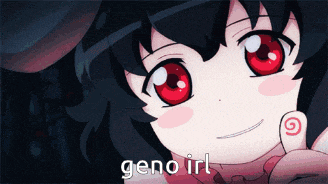 a close up of a girl with red eyes and geno irl written below her