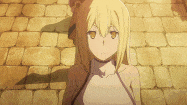 a girl with blonde hair and yellow eyes is leaning against a stone wall