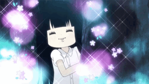 a cartoon girl with black hair and a white face is surrounded by flowers .
