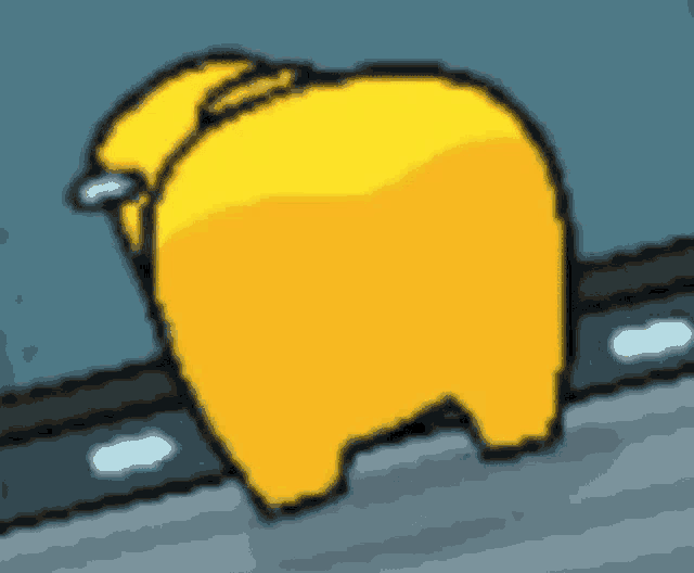 a yellow among us character is standing on a wall .