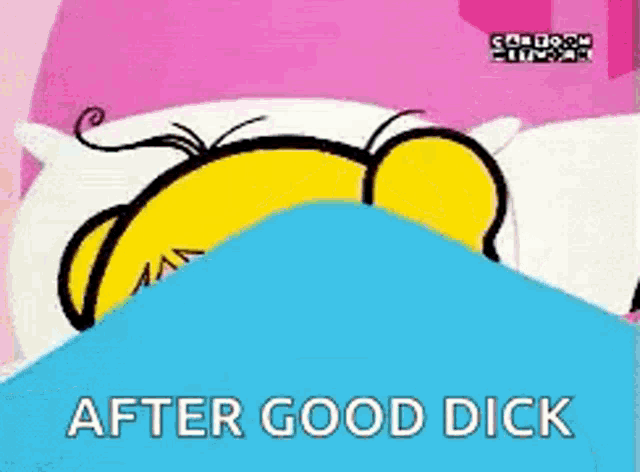 a cartoon character is laying in bed under a blue blanket with the words `` after good dick '' .