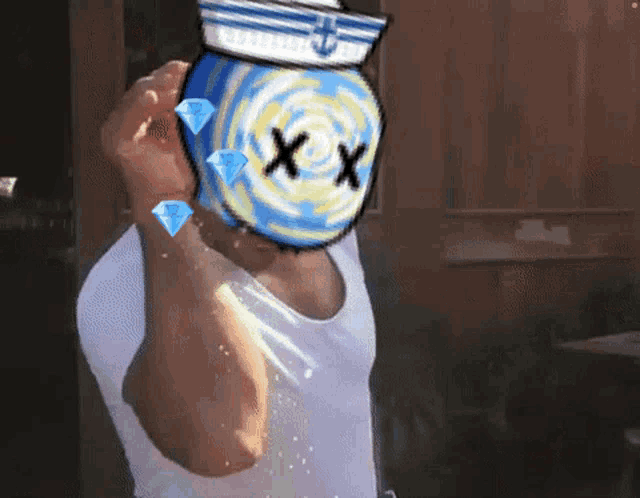 a man in a white tank top is holding a jar with a face that says xx