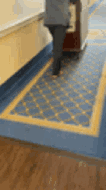 a person is pushing a cart down a hallway with a blue and yellow rug