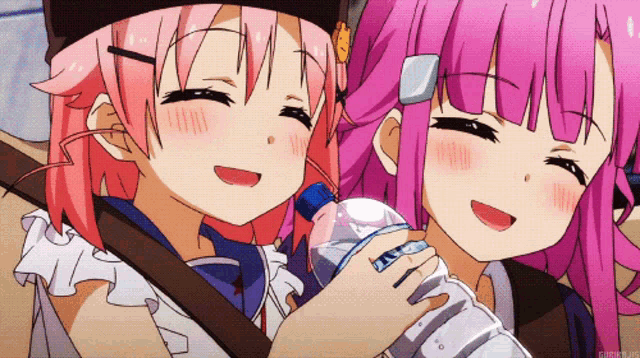 two anime girls with pink hair are holding a bottle of water and smiling