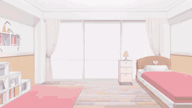 a girl wearing glasses is standing in a room with a pink nightstand