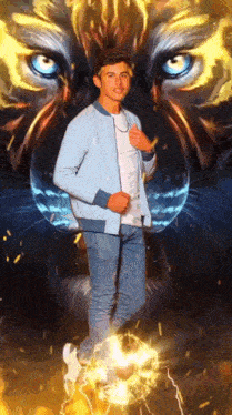 a young man in a blue jacket stands in front of a painting of a tiger