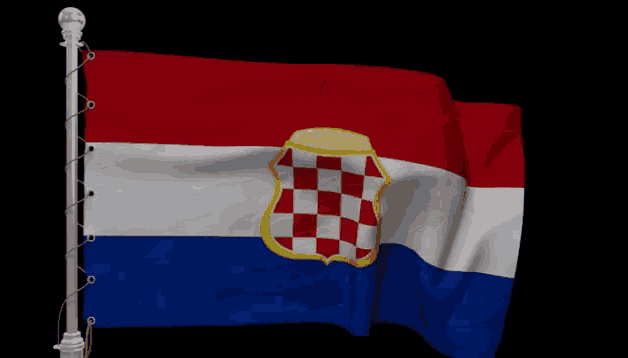 a red white and blue flag with a checkered crest on it
