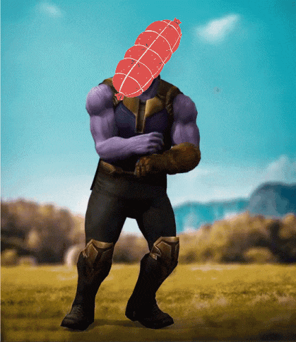 a purple superhero with a sausage on his head