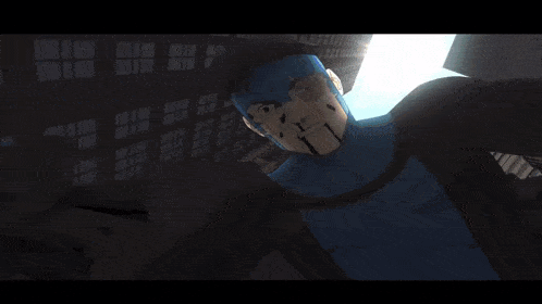 a man in a blue superhero costume is standing between two tall buildings