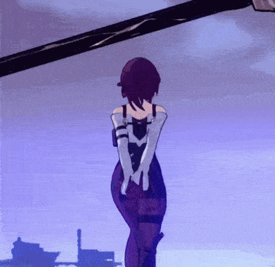 a woman in a purple outfit is standing in front of a purple sky .