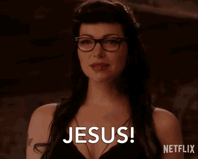 a woman with glasses says " jesus " in a netflix ad