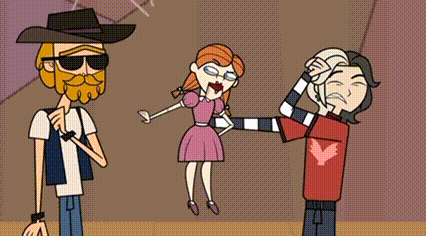 a group of cartoon characters are standing next to each other in a room .