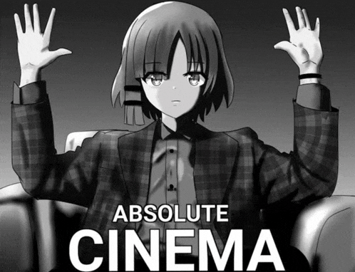a poster for absolute cinema with a girl in a suit