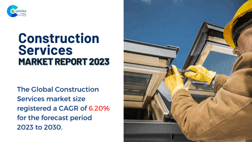 a construction services market report for 2023 with a man working on a window
