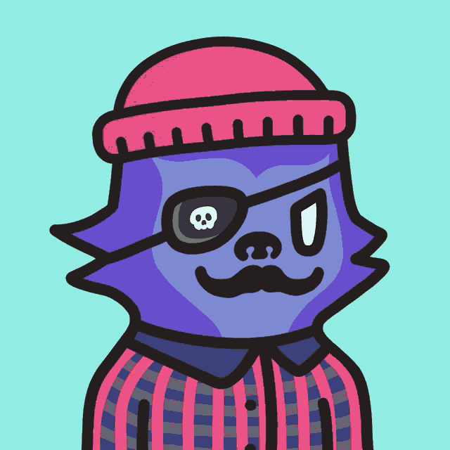 a cartoon drawing of a cat wearing a plaid shirt and a pirate hat
