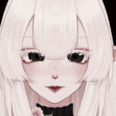 a close up of a girl 's face with white hair and black eyes .