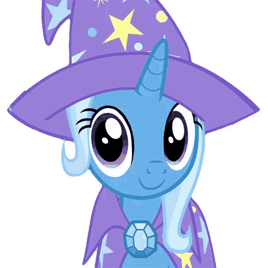 a blue unicorn wearing a purple wizard hat